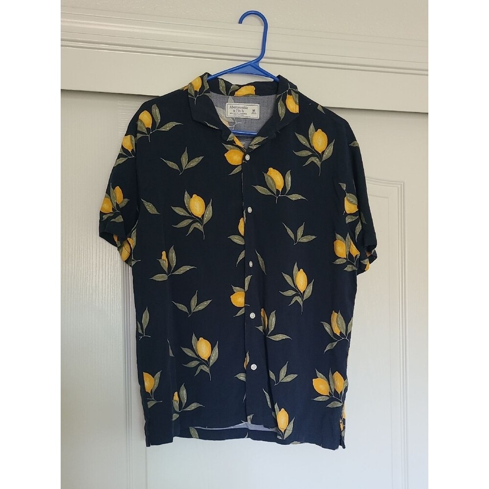 Abercrombie & Fitch Navy Blue Button Camp Shirt Yellow Lemon Print Medium Summer